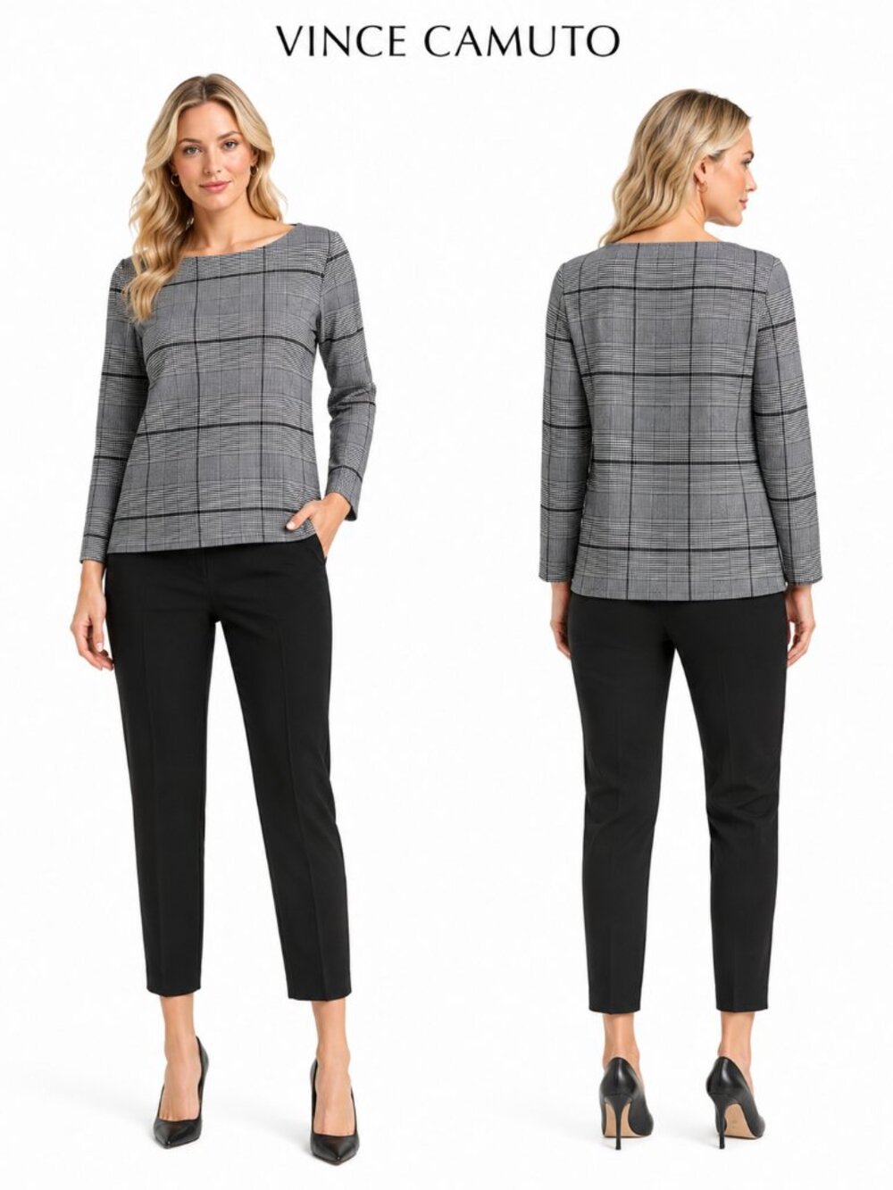 Vince Camuto Glen Plaid Stretch Knit Blouse Women Gray Black Boatneck Size S